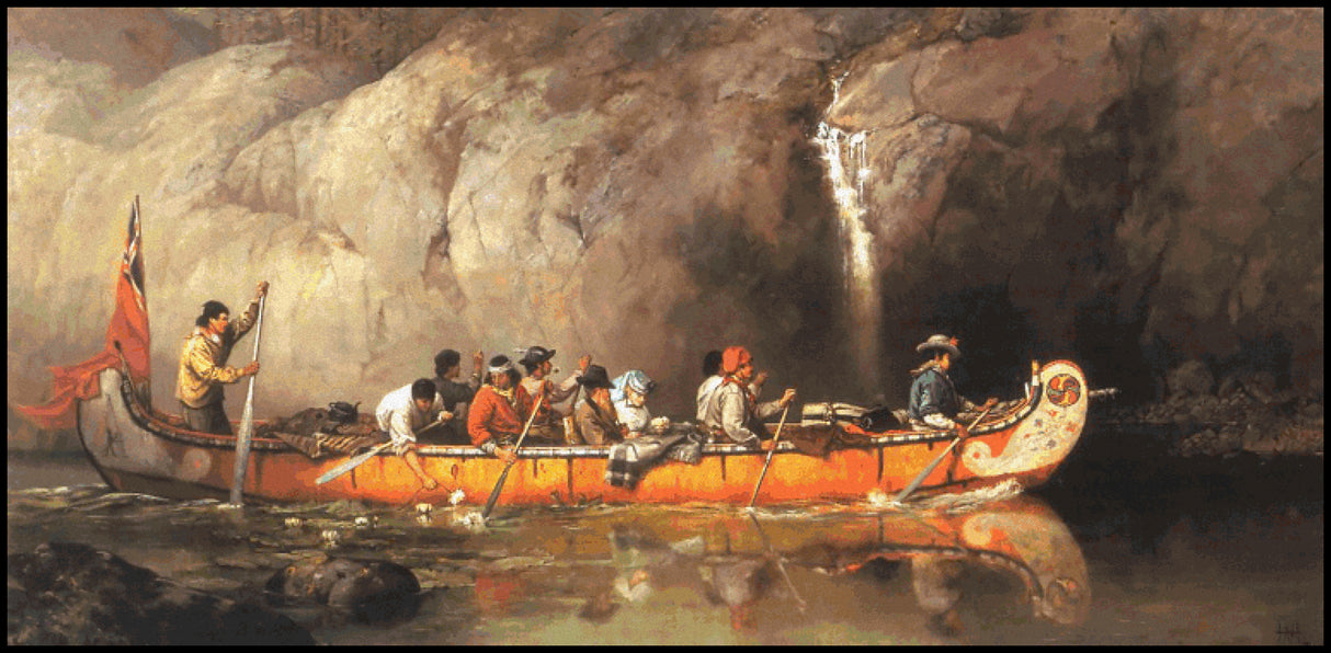 Canoe Manned by Voyageurs Passing a Waterfall Frances Anne Hopkins Cross Stitch Pattern