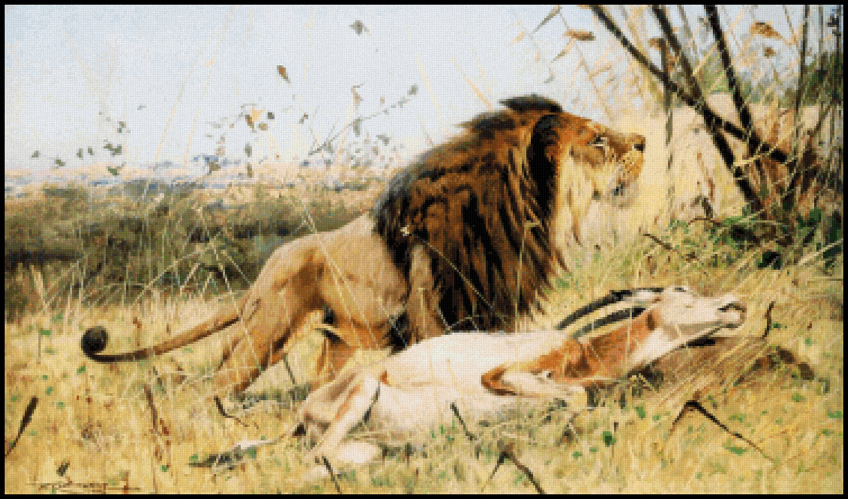 Lion and His Prey Friedrich Wilhelm Kuhnert Cross Stitch Pattern