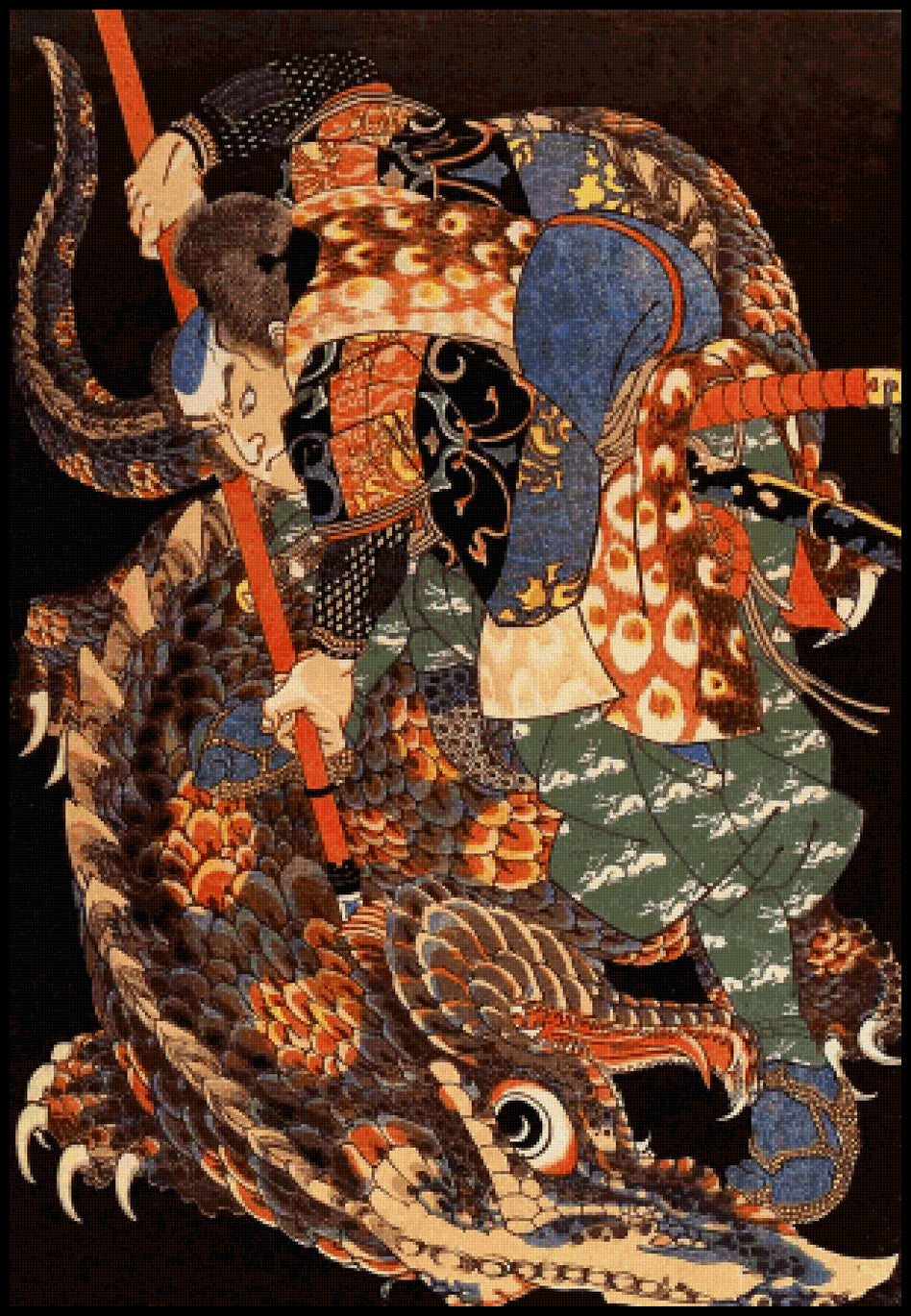 Miyamoto Musashi Killing a Giant Nue (without writing) Utagawa Kuniyoshi Cross Stitch Pattern
