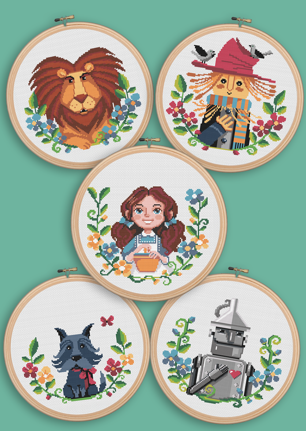 The Wizard of Oz Bundle: Dorothy, Toto, the Scarecrow, the Lion, and the Tin Man (L. Frank Baum) 5 Cross Stitch Patterns