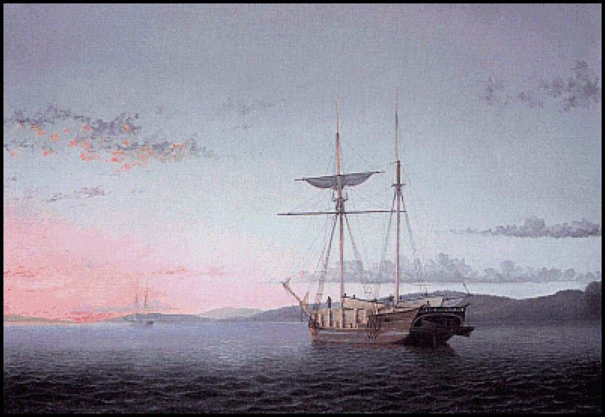 Lumber Schooners at Evening on Penobscot Bay Fitz Hugh Lane Cross Stitch Pattern