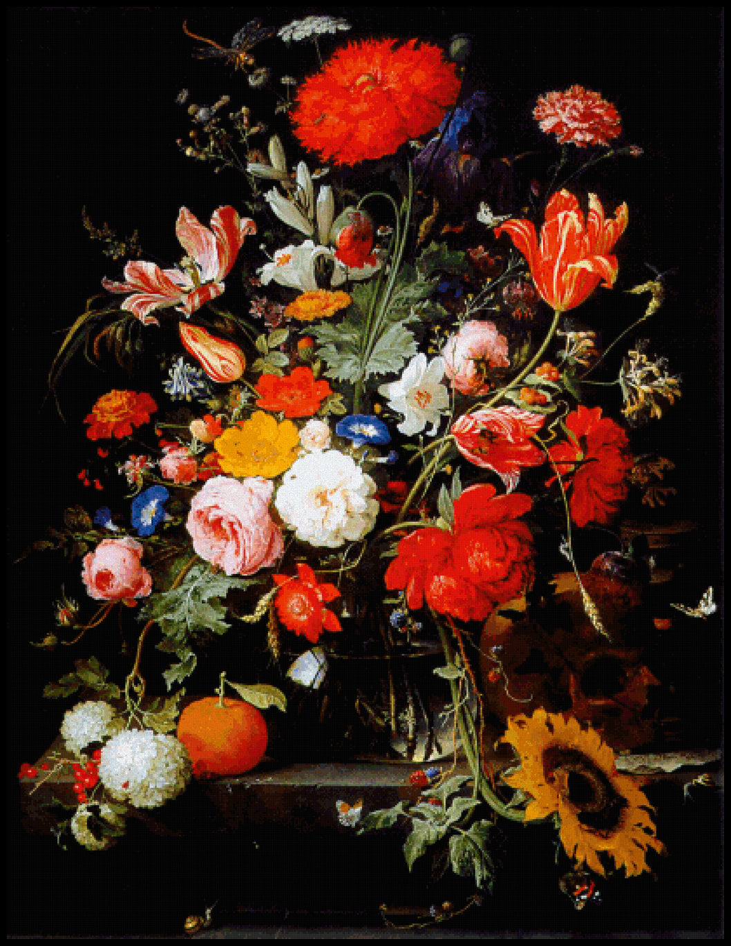 Opium Poppy Sunflower and Other Flowers in a Glass Vase Abraham Mignon Cross Stitch Pattern