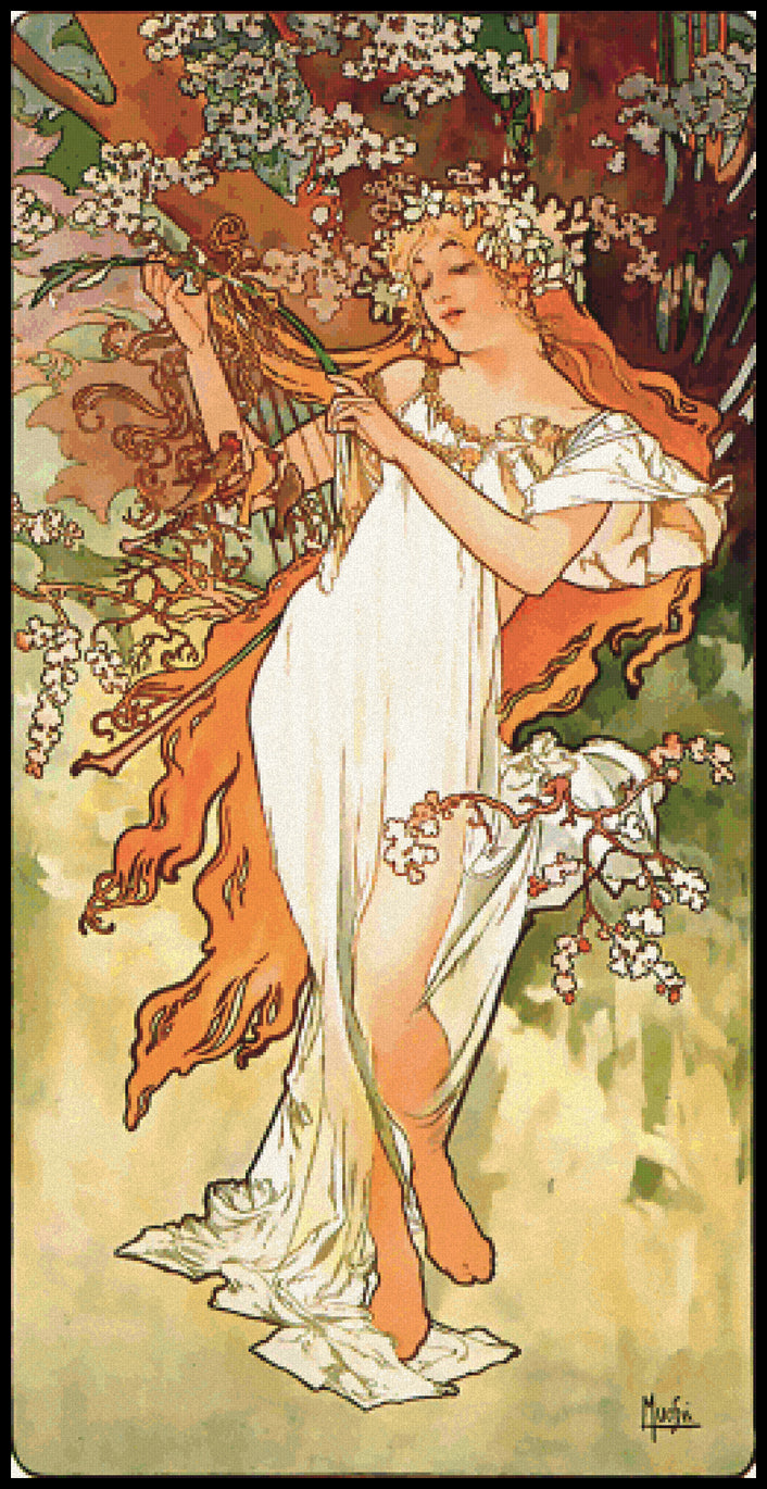 Spring Alphonse Mucha Cross Stitch Pattern