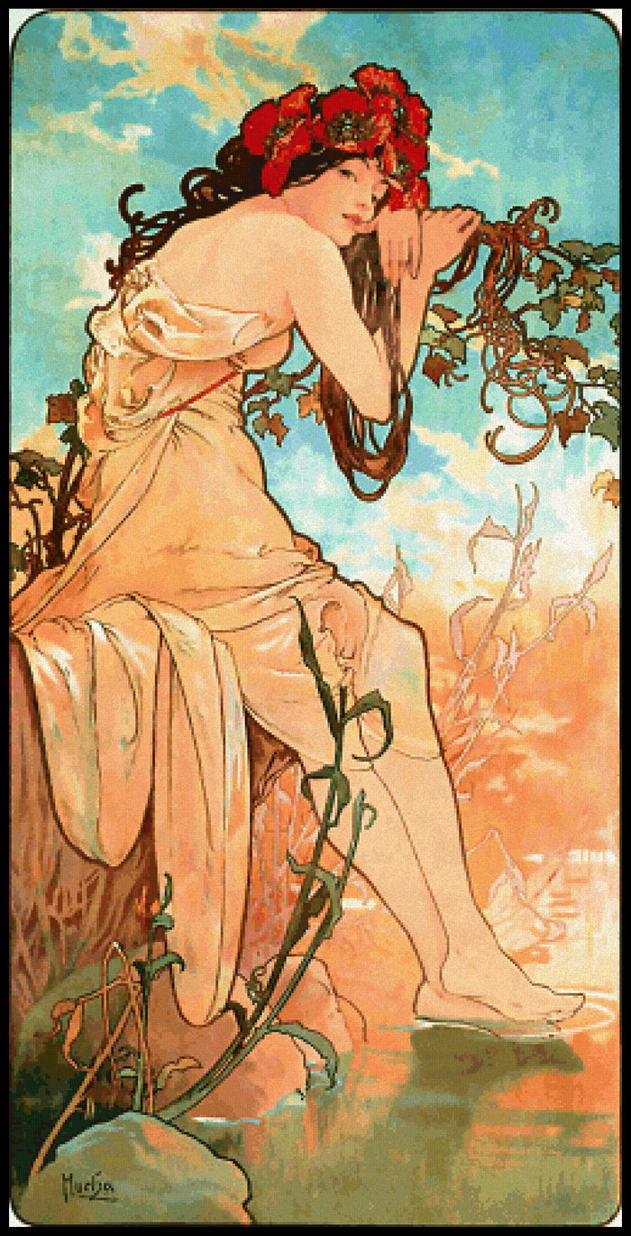 Summer Alphonse Mucha Cross Stitch Pattern