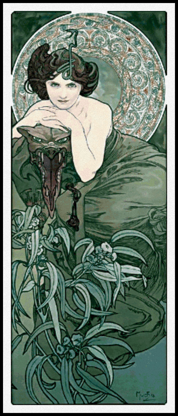 Emerald Alphonse Mucha Cross Stitch Pattern