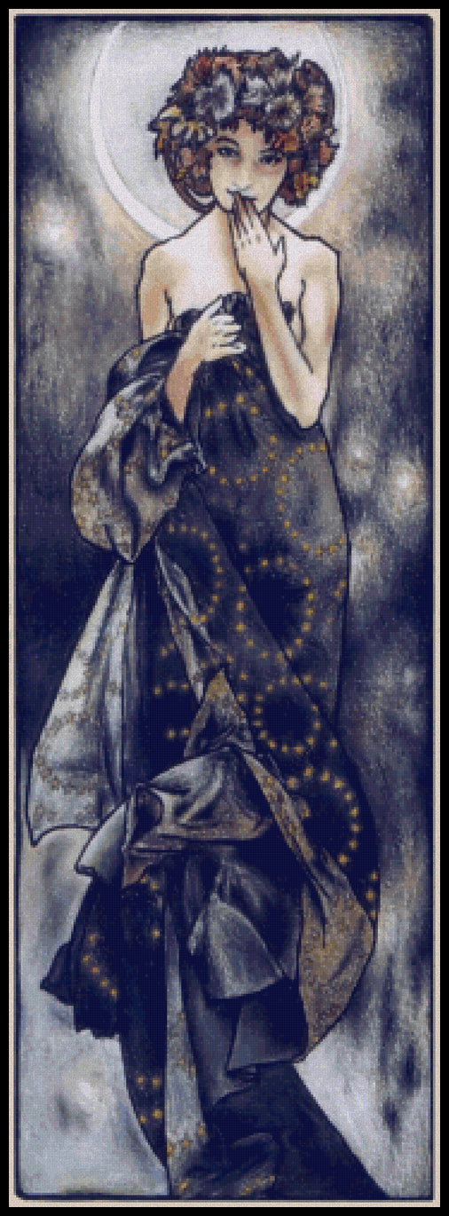 The Moon (without floral border) Alphonse Mucha Cross Stitch Pattern
