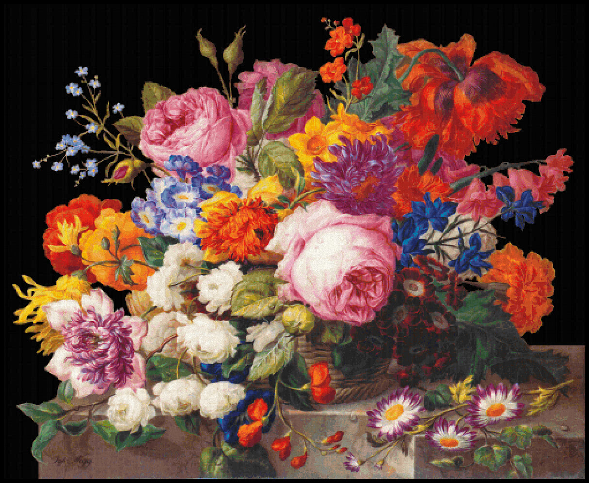 Corbeille de Fleurs (black background) Joseph Nigg Cross Stitch Pattern