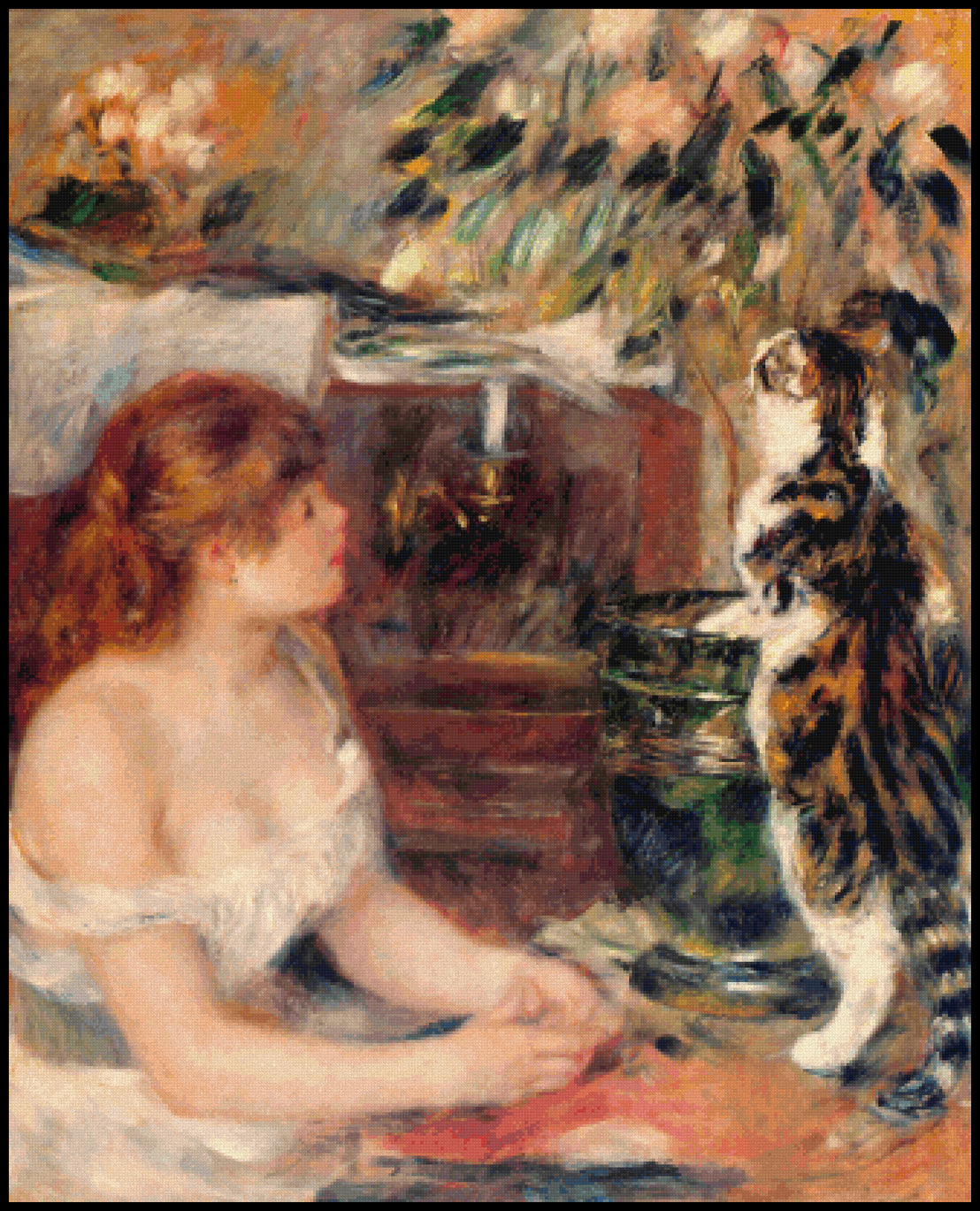 Young Woman with Cat Pierre Auguste Renoir Cross Stitch Pattern