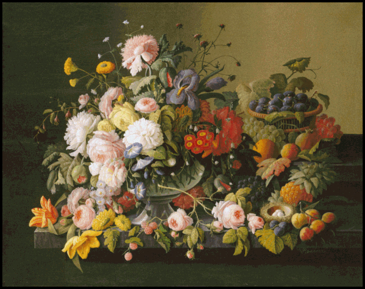 Still Life Flowers and Fruit Severin Roesen Cross Stitch Pattern
