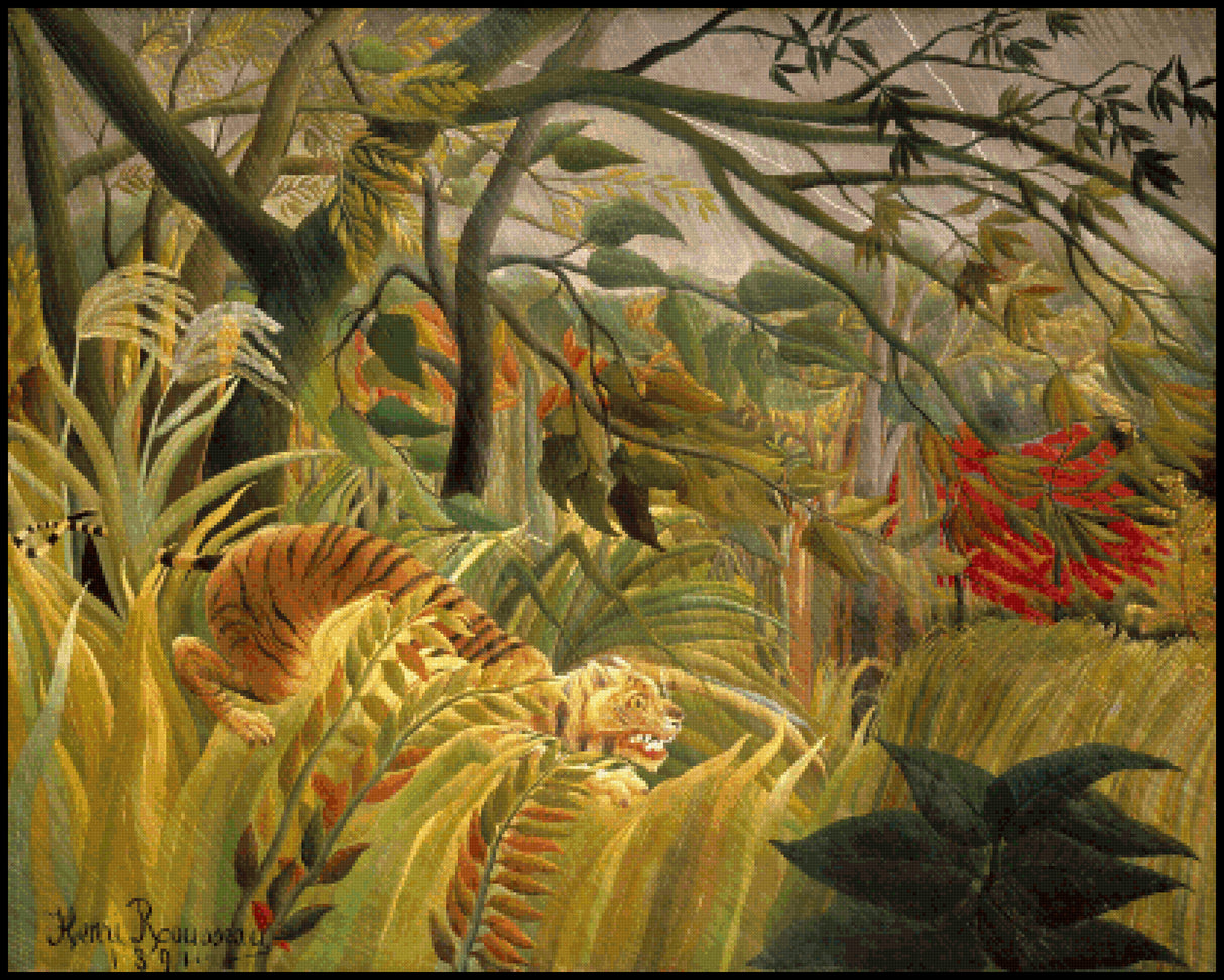 Surprised Tiger in a Tropical Storm Henri Rousseau Cross Stitch Pattern