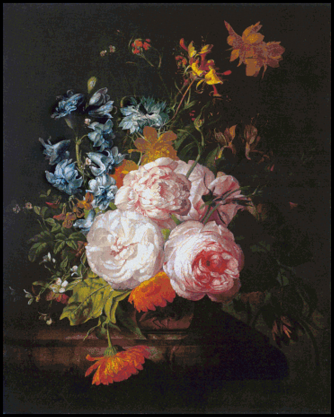 Roses Marigolds Hyacinths and Other Flowers on a Marble Ledge Rachel Ruysch Cross Stitch Pattern