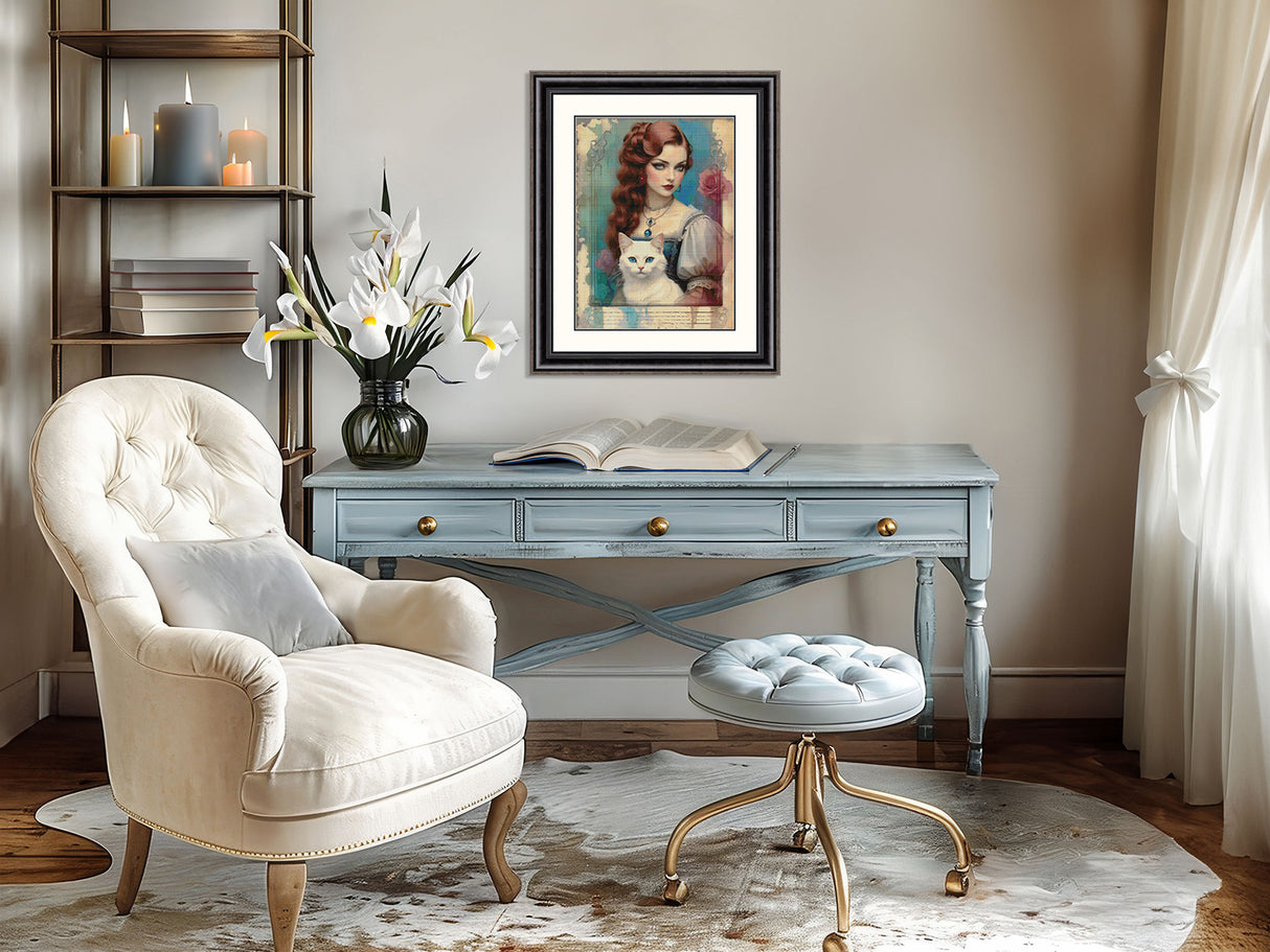 Romantic Redhead with White Cat Cross Stitch Pattern