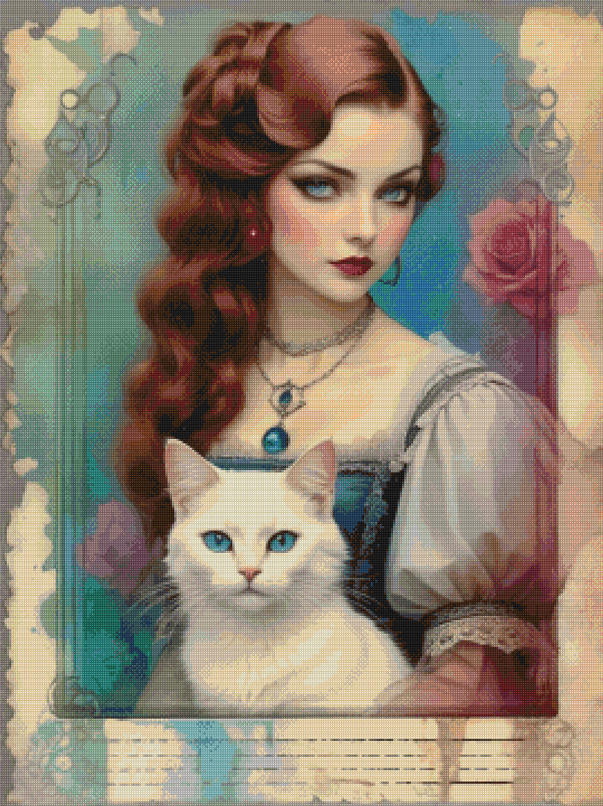 Romantic Redhead with White Cat Cross Stitch Pattern