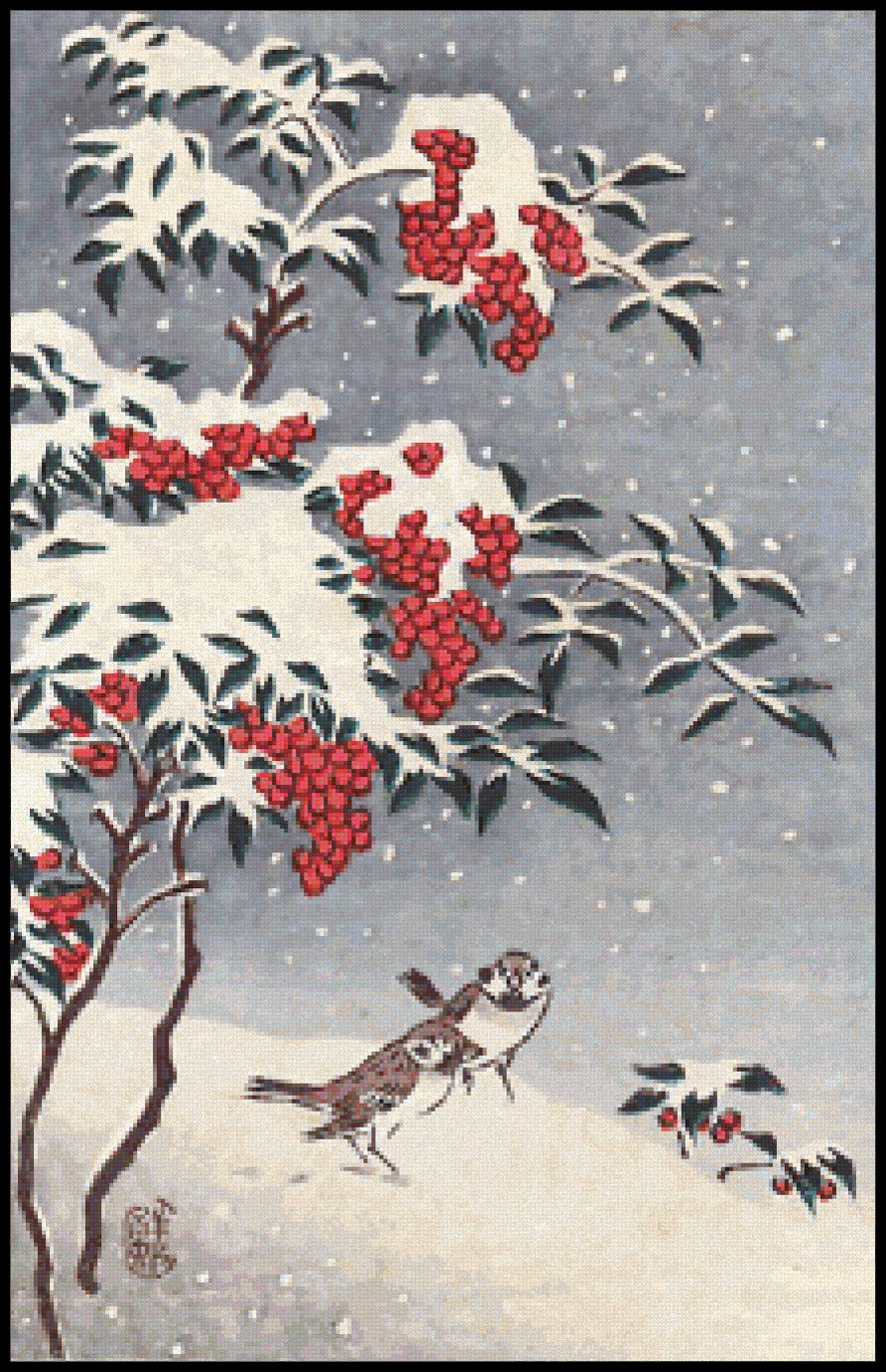 Birds and Snowy Berry Branches Ohara Shoson Cross Stitch Pattern