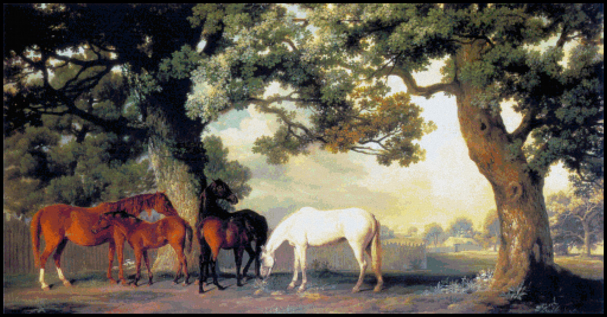 Mares and Foals Beneath Large Oak Trees George Stubbs Cross Stitch Pattern