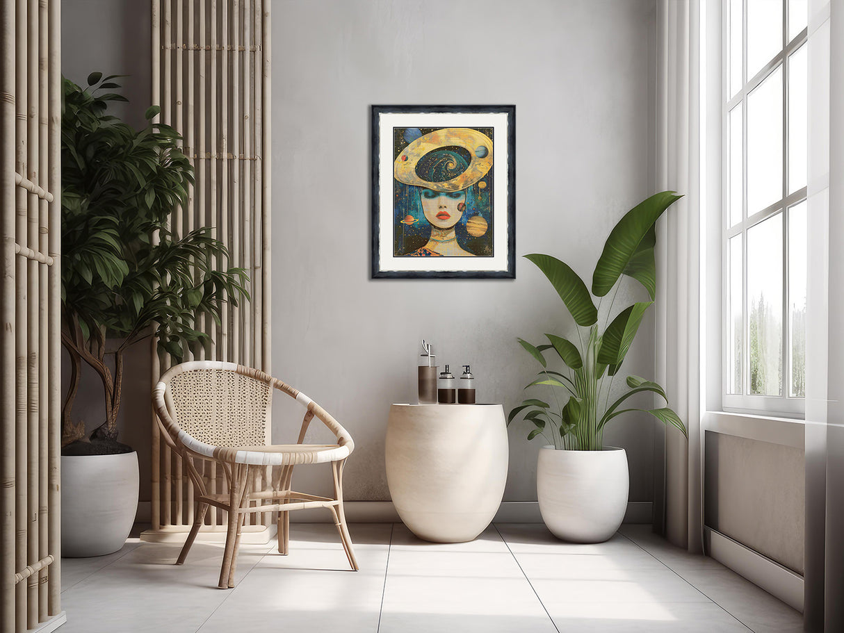 Surreal Portrait of Woman with Orbiting Planets Cross Stitch Pattern