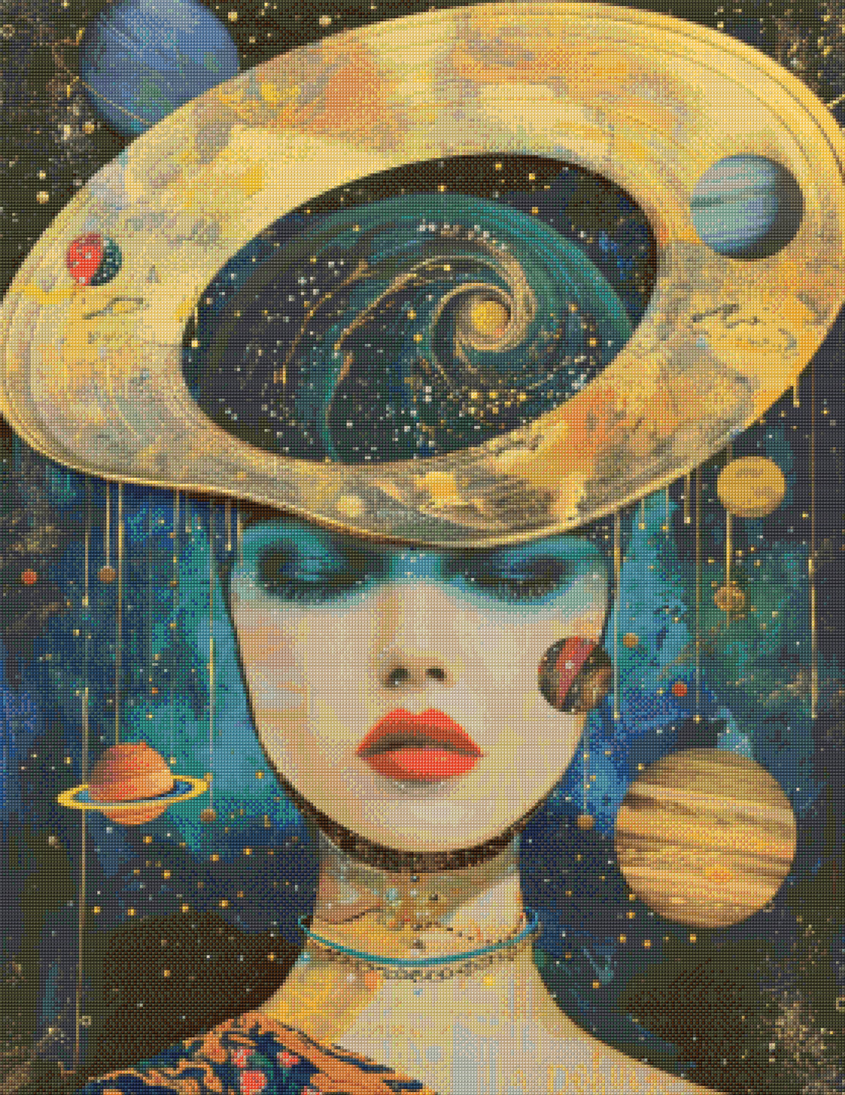 Surreal Portrait of Woman with Orbiting Planets Cross Stitch Pattern