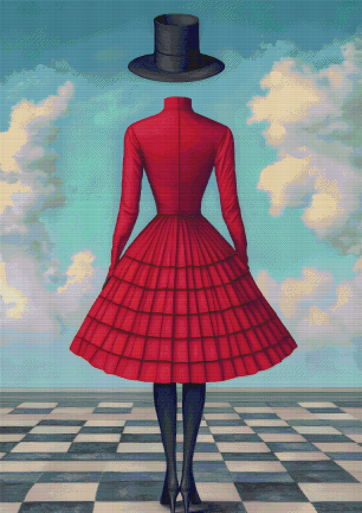 Surreal Red Dress and Top Hat Cross Stitch Pattern