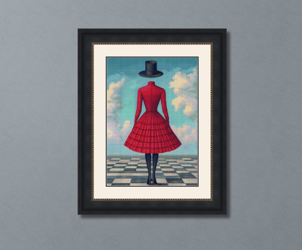Surreal Red Dress and Top Hat Cross Stitch Pattern