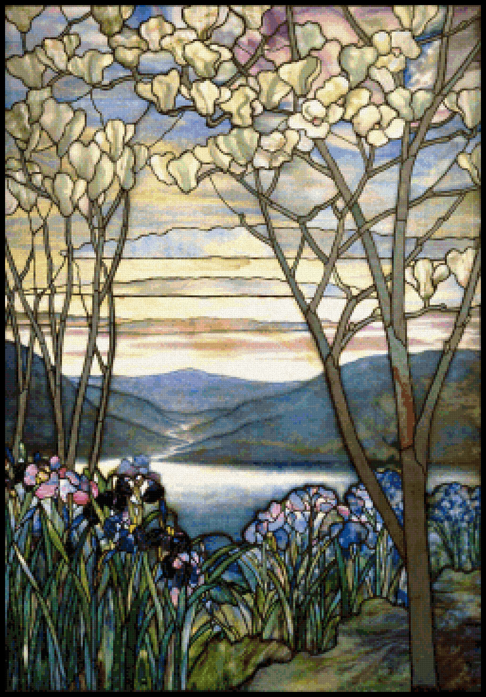 Magnolia and Irises Louis Comfort Tiffany Cross Stitch Pattern