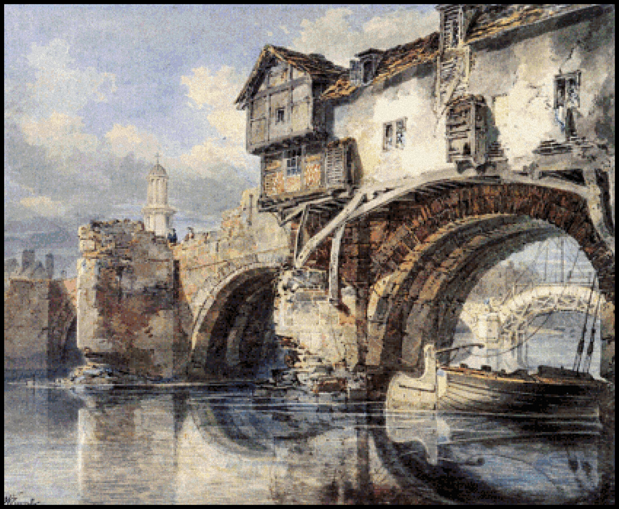 Old Welsh Bridge Shrewsbury J. M. W. Turner Cross Stitch Pattern