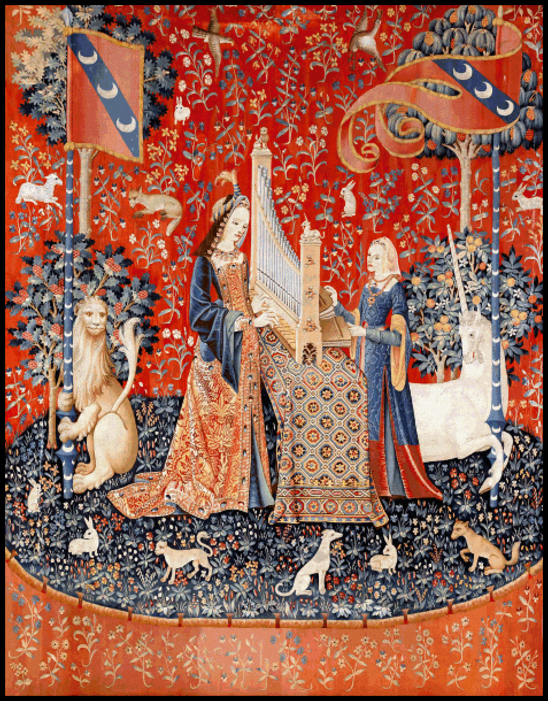 Lady with Unicorn Sense of Hearing Cross Stitch Pattern