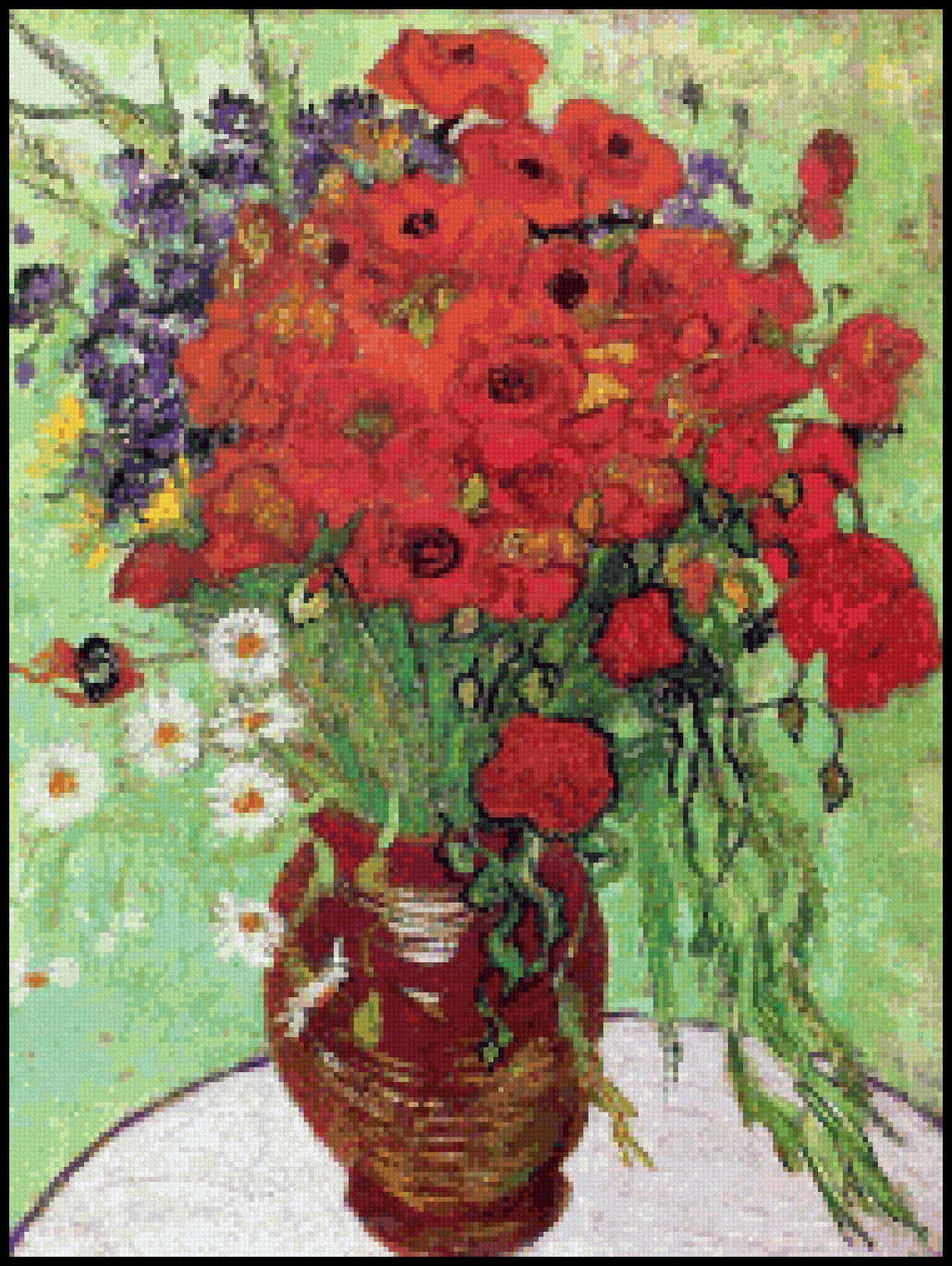 Vase with Red Poppies and Daisies Cross Stitch Pattern