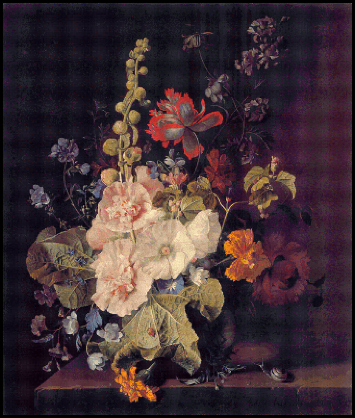 Hollyhocks and Other Flowers in a Vase Cross Stitch Pattern