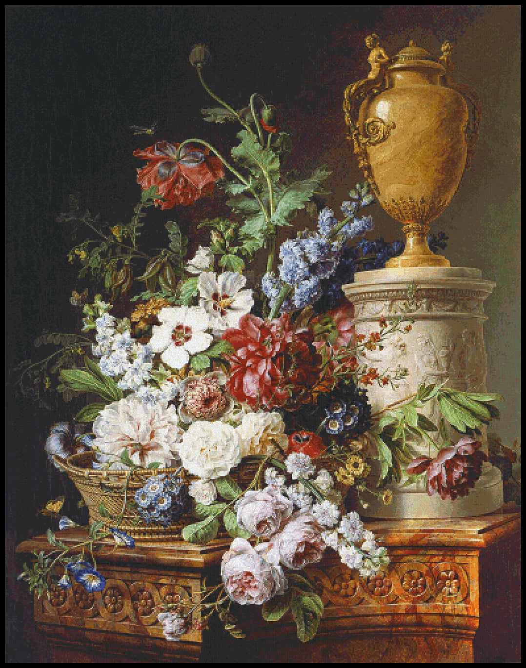 Still Life Of Flowers In A Basket by an Alabaster Urn on a Marble Pedestal Cross Stitch Pattern