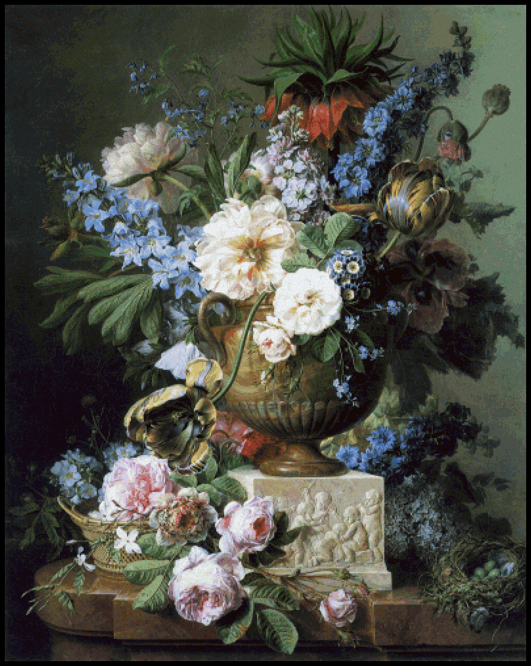 Flowers in an Alabaster Vase and in a Basket, with a Bird's Nest Cross Stitch Pattern