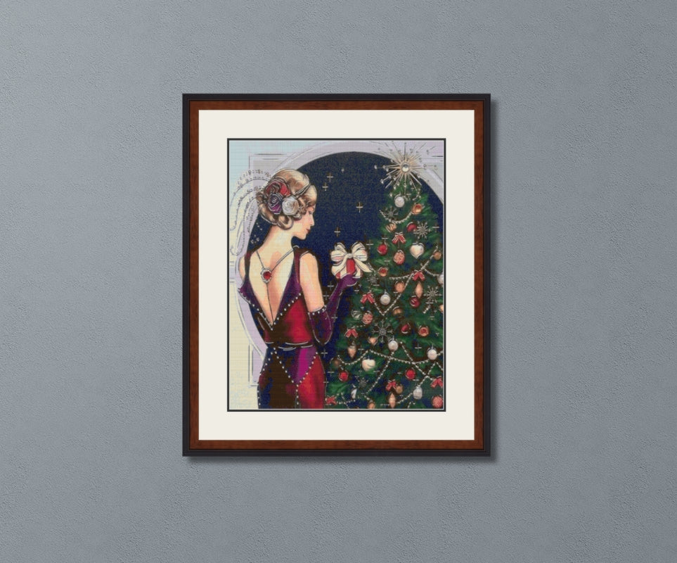 Art Deco Woman with a Christmas Gift Cross Stitch Pattern
