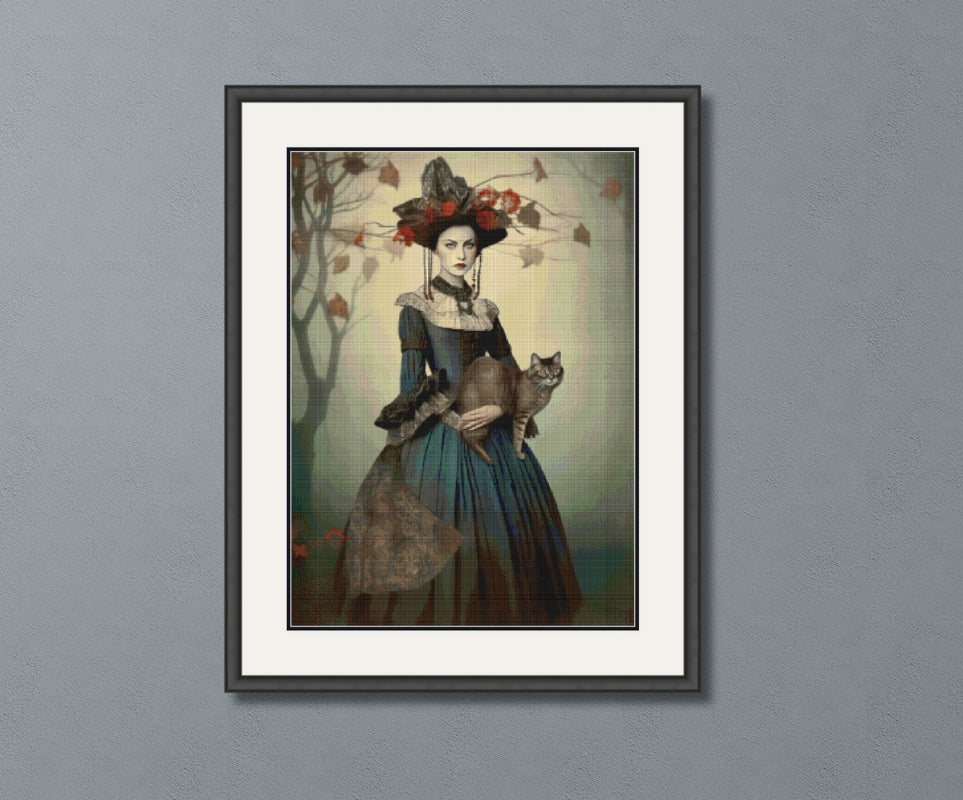 Autumn Witch with Cat Cross Stitch Pattern