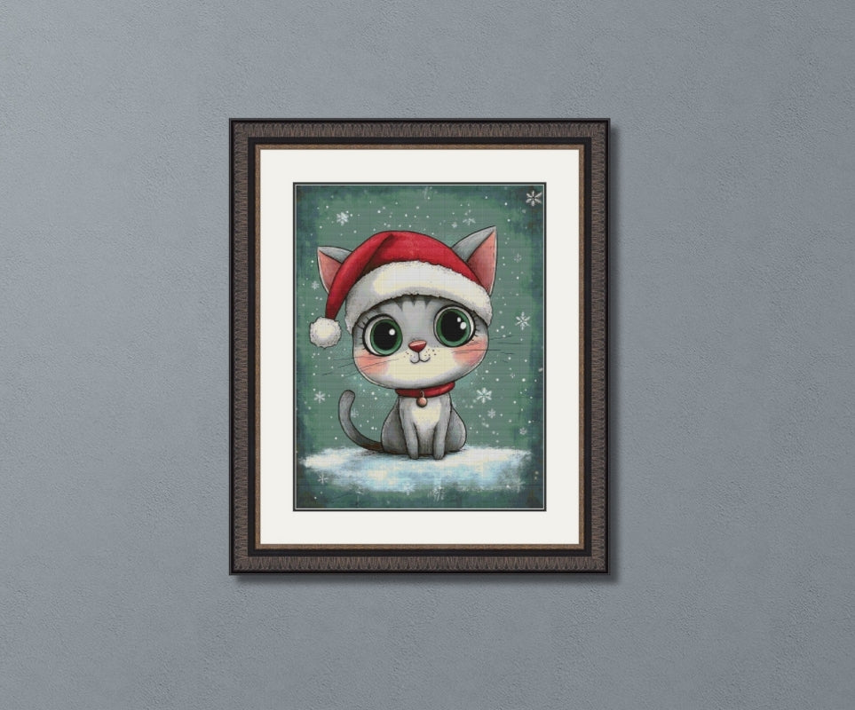 Christmas Cat with Santa Hat Cross Stitch Pattern