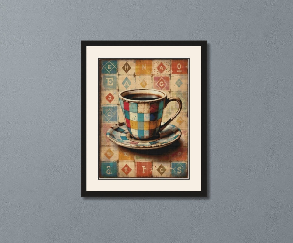 Vintage Patchwork Coffee Cup Cross Stitch Pattern