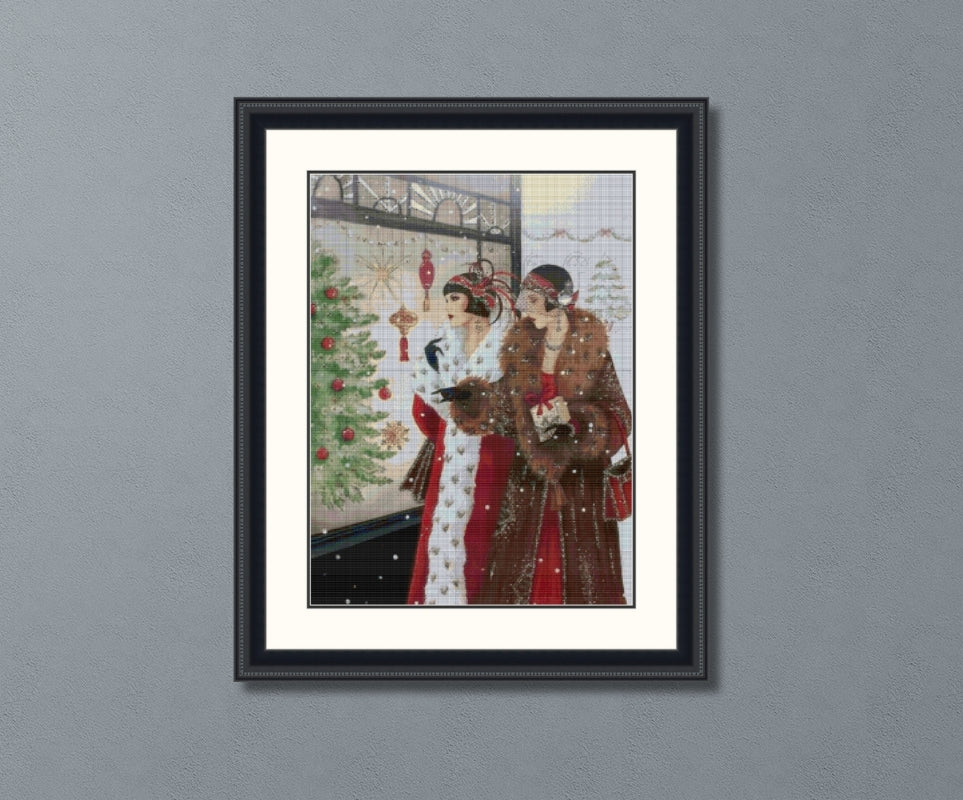 Women Window Shopping for Christmas Cross Stitch Pattern
