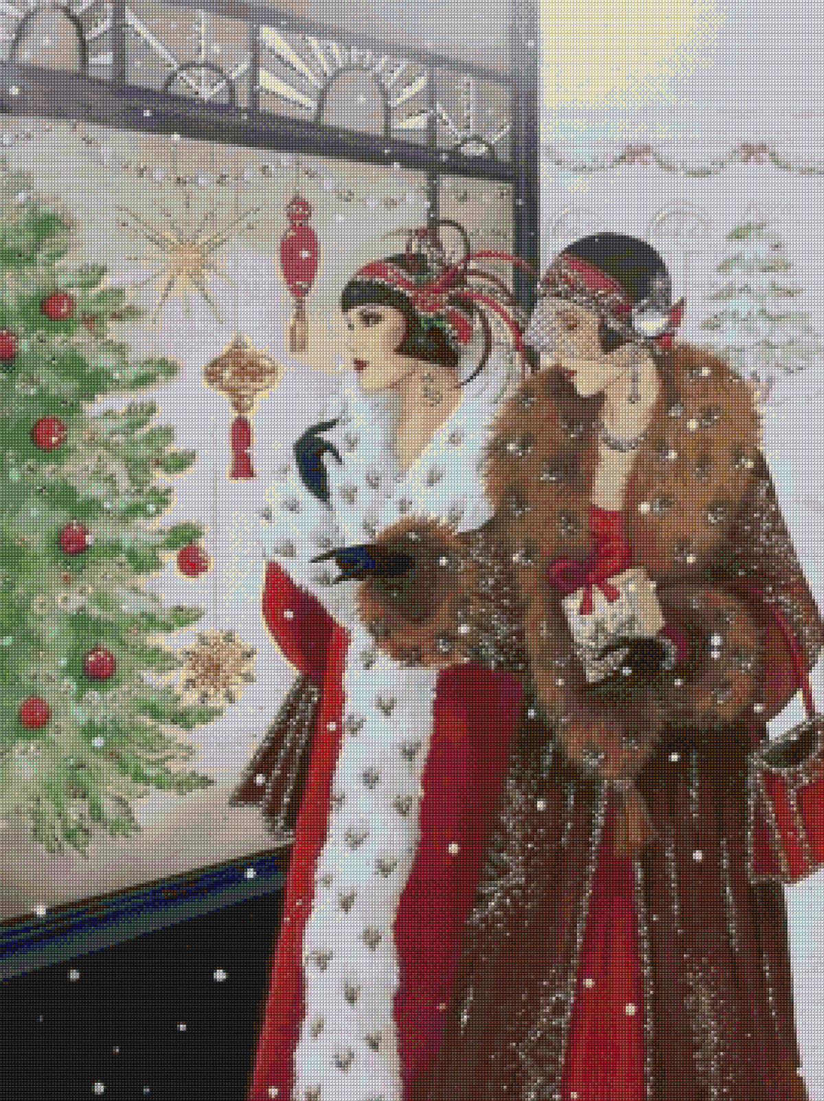 Women Window Shopping for Christmas Cross Stitch Pattern