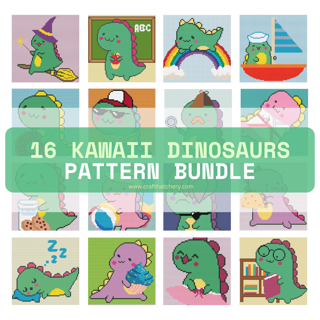 16 Kawaii Dinosaurs Cross Stitch Pattern Bundle Collection