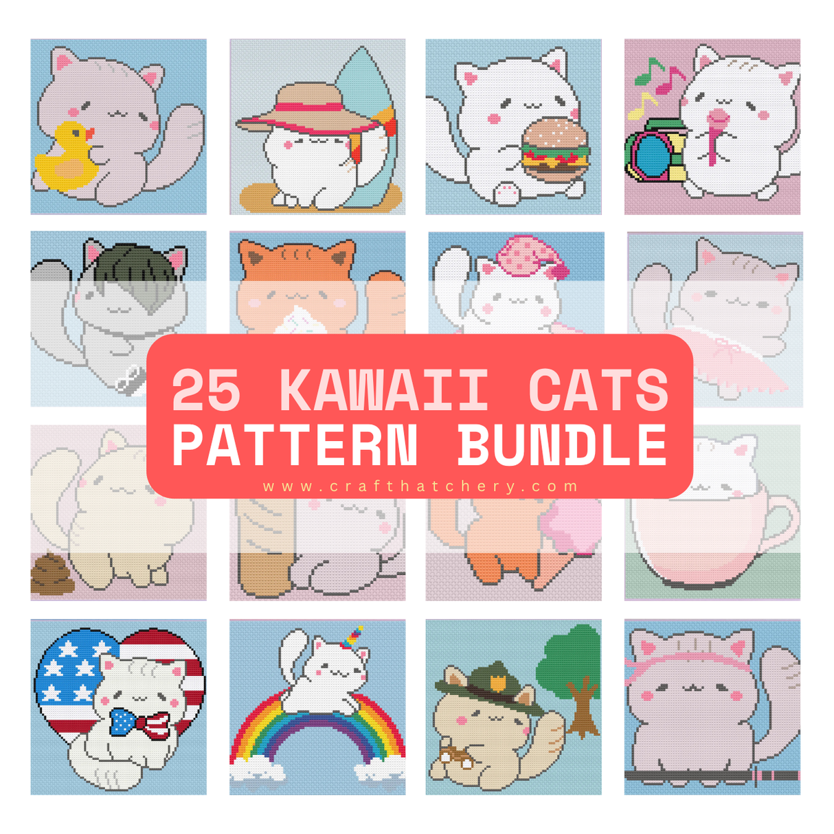 25 Kawaii Cats Cross Stitch Pattern Bundle Collection