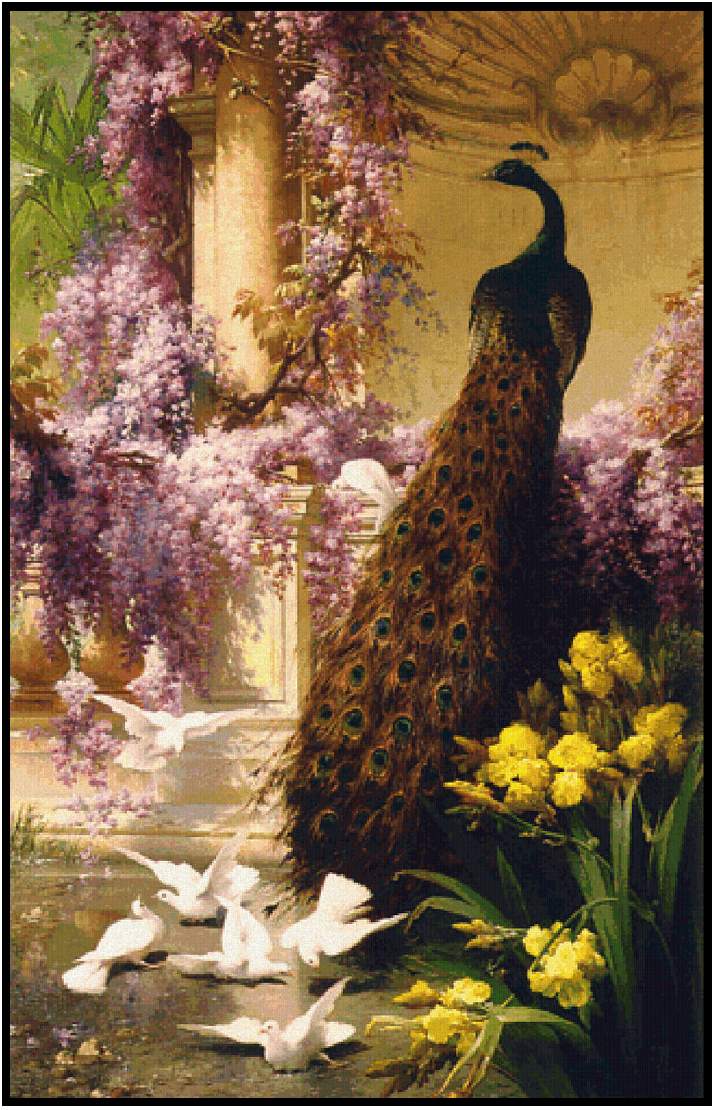 A Peacock and Doves in a Garden - Eugene Bidau Cross Stitch Pattern
