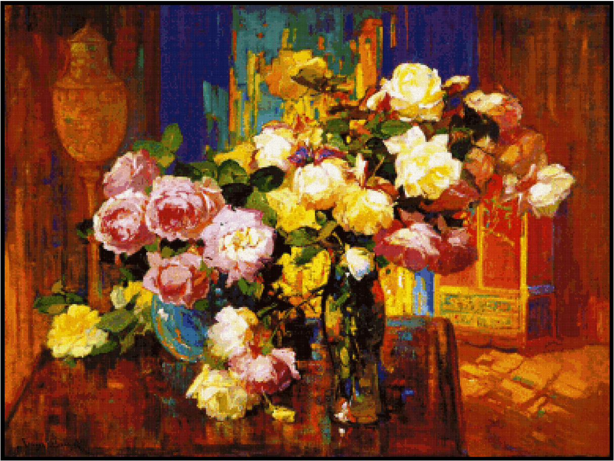 Roses in a Tall Glass Vase - Franz Bischoff Cross Stitch Pattern