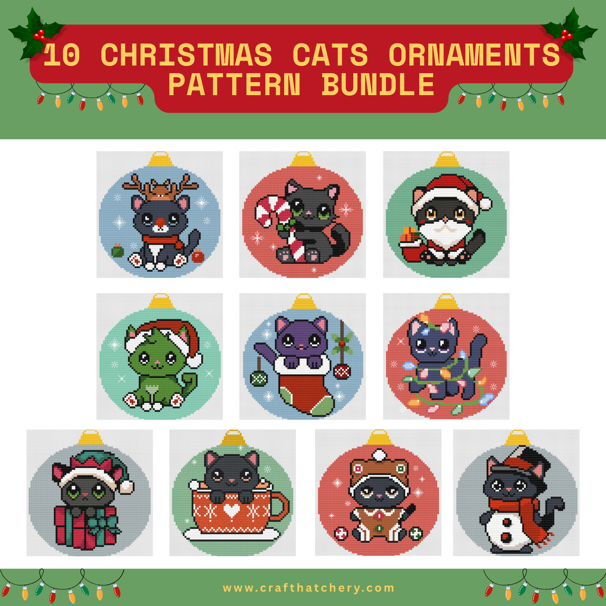 10 Christmas Cats Ornament Cross Stitch Pattern Bundle Collection