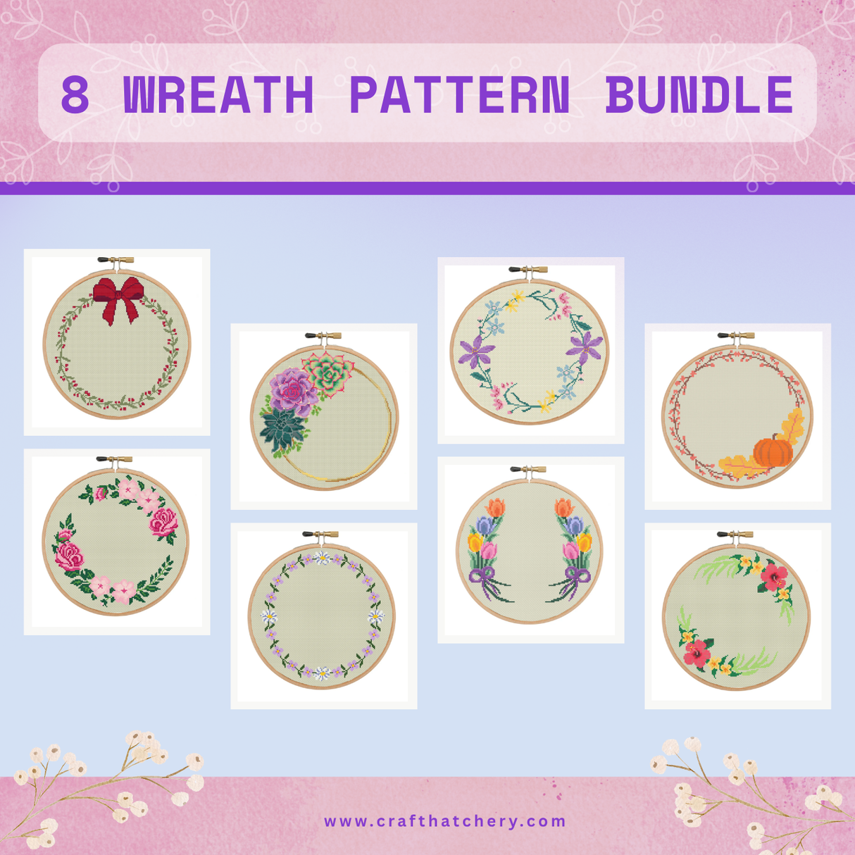 8 Wreath Cross Stitch Pattern Bundle Collection