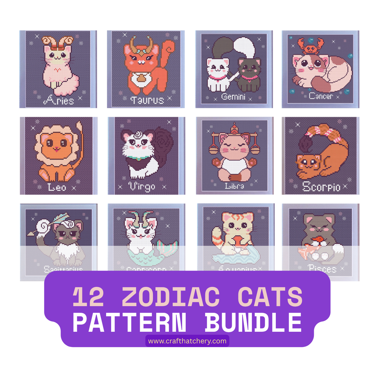 12 Zodiac Cats Pattern Bundle Collection