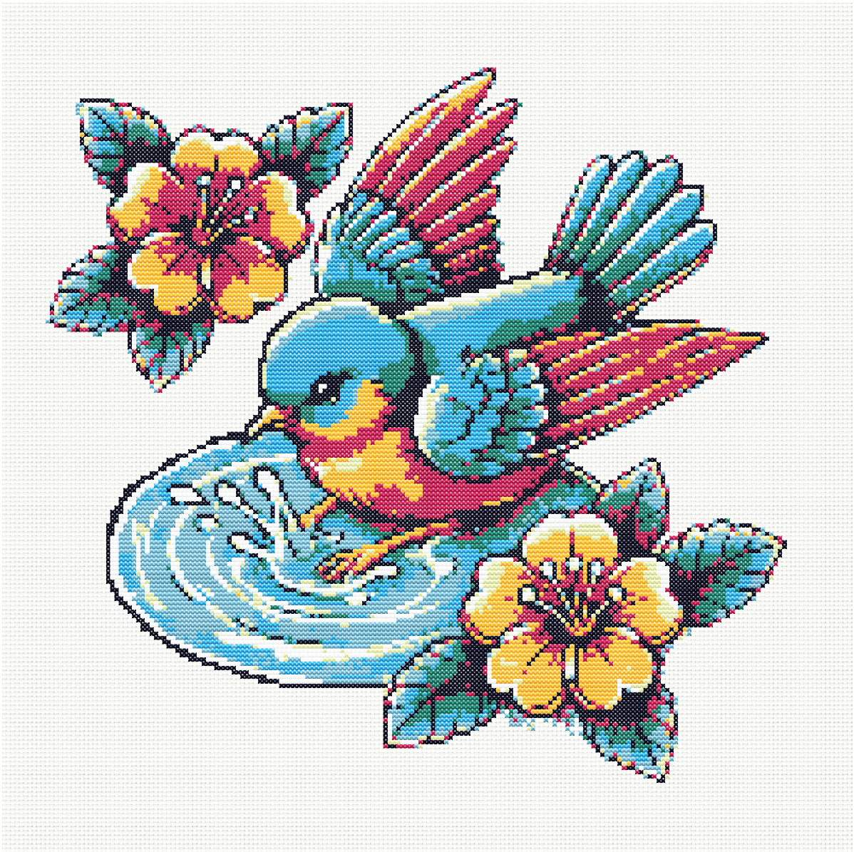 A Bird's Bathing Bliss  Cross Stitch Pattern