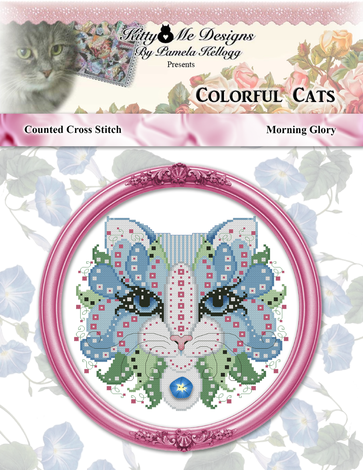 Colorful Cats Morning Glory Cross Stitch Pattern