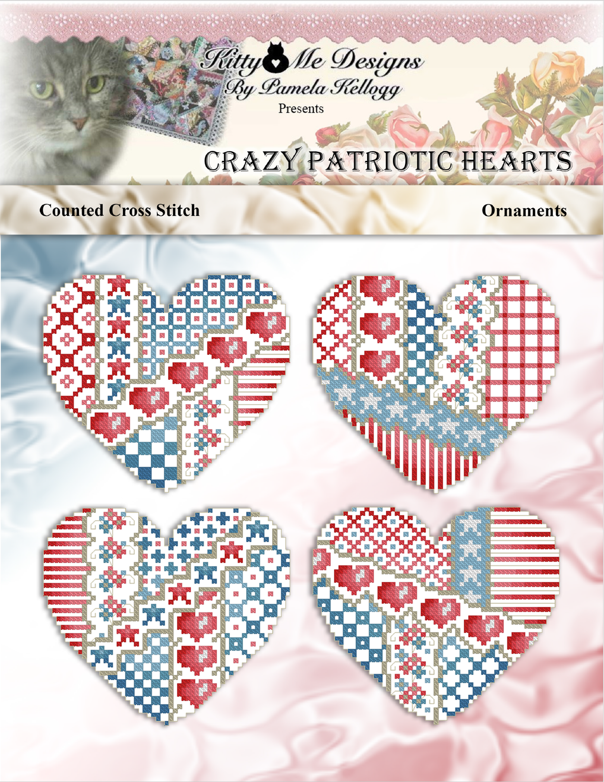 Crazy Patriotic Hearts Cross Stitch Pattern