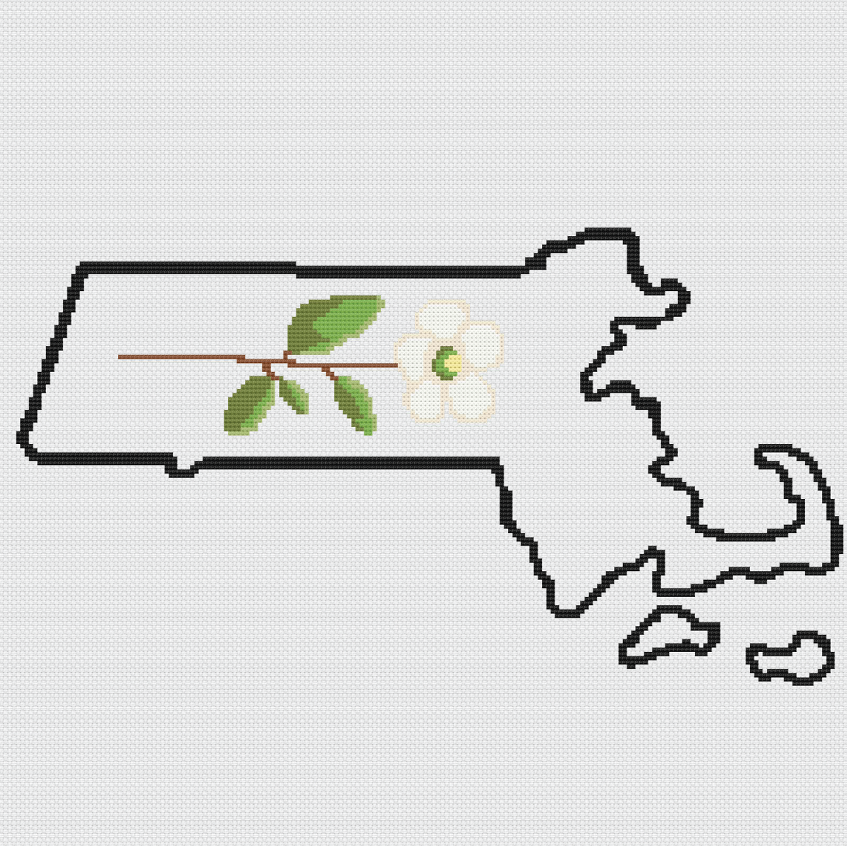 Massachusetts & Mayflower Outline Map Black Cross Stitch Pattern