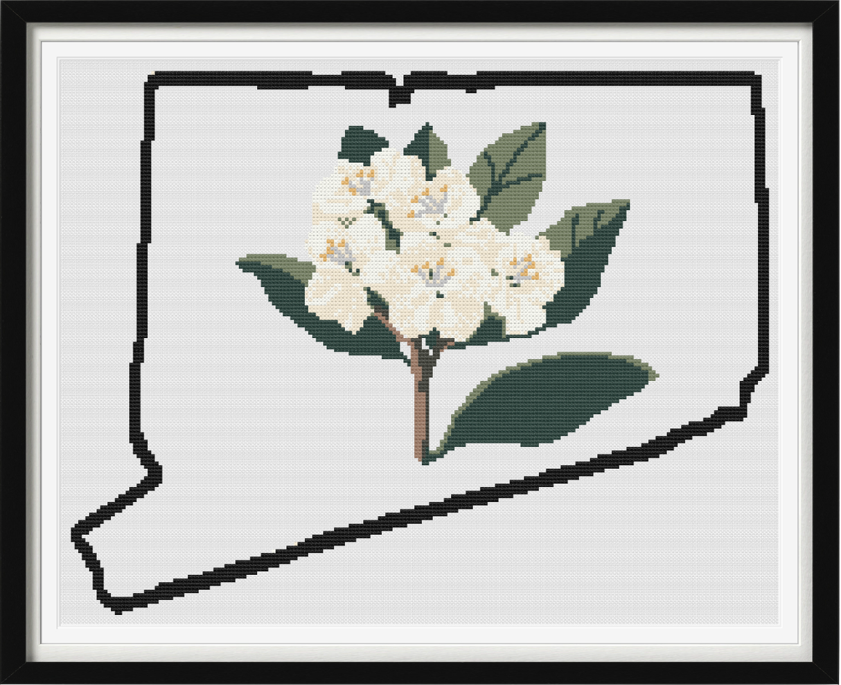 Connecticut & Mountain Laurel Outline Map Black Cross Stitch Pattern