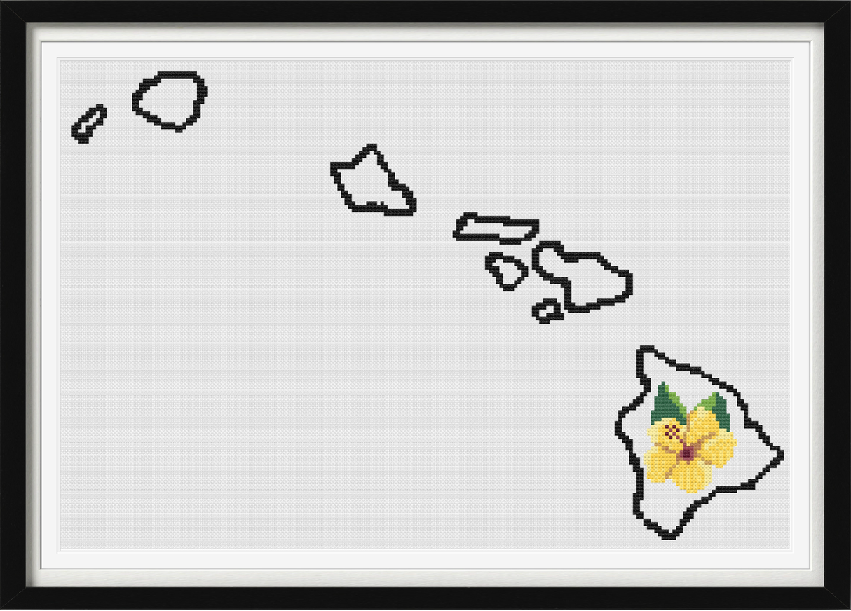 Hawaii & Yellow Hibiscus Outline Map Black Cross Stitch Pattern