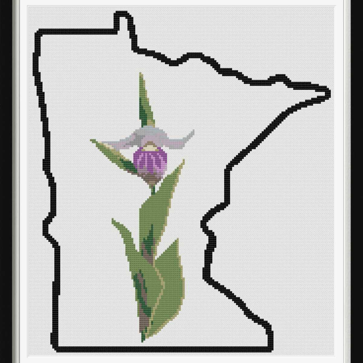 Minnesota & Showy Lady Slipper Outline Map Black Cross Stitch Pattern ...